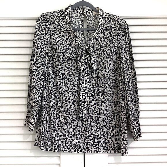 Kate Spade Reade Tie Neck Patterned Blouse in Black/White Size 6 - Picture 2 of 16